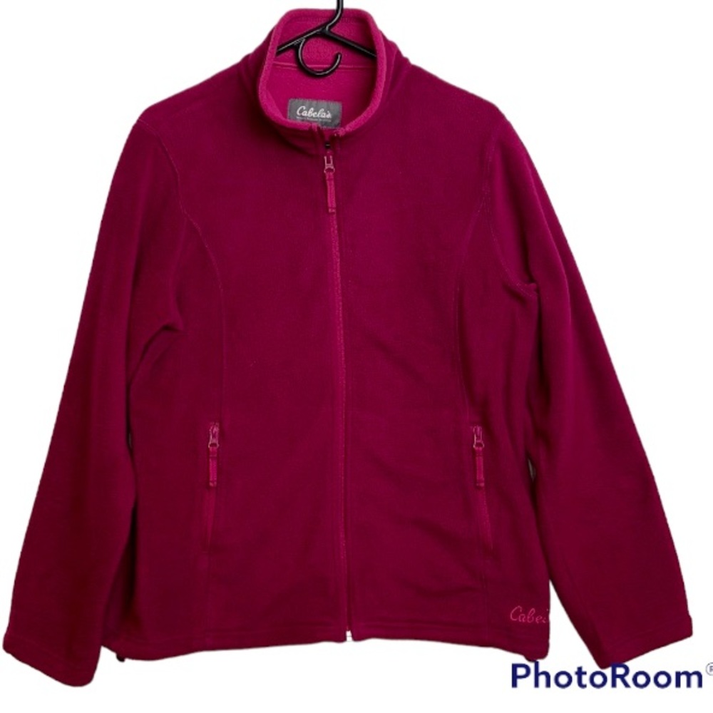 Cabelas Woman’s Full Zip Fuchsia Fleece Jacket Mock Neck Zip Pockets Size M
